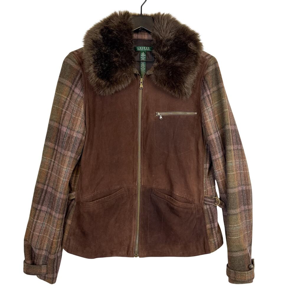 Lauren Ralph Lauren Womens Suede Leather Wool Blend Fur Collar Jacket Brown - 12